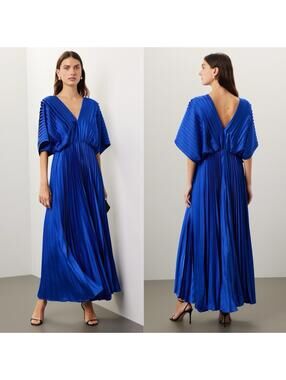 $392 ANTHROPOLOGIE HUTCH Oversized Cobalt Blue Pleated V-Neck Maxi Dress - SM
